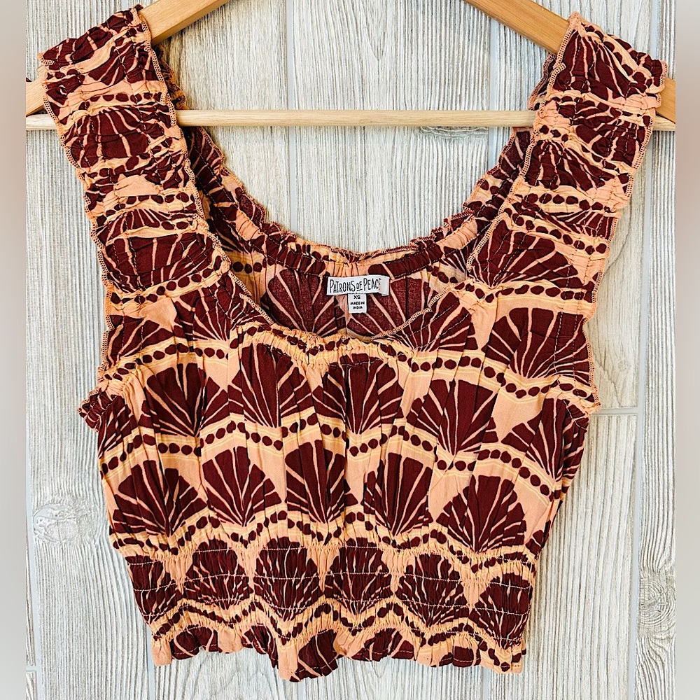 Patrons of Peace Peach and Burgundy Smocked Crop Top